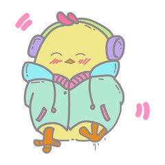 Cartoon illustration of a cute yellow chick, listening to music