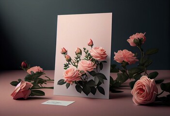 blank paper card with pink rose bouquet, idea for love theme concept background, Generative Ai