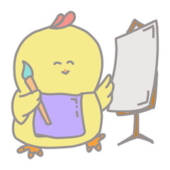 Illustration of a cute yellow cartoon chick holding a paint brush
