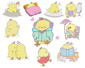 Collection of cartoon illustrations of cute yellow chicks with various expressions and costumes