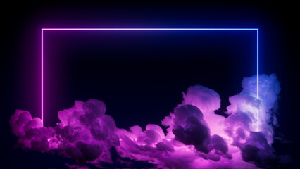 Trendy Background Design. Cloud Formation with Pink and Blue, Rectangle shaped Neon Frame.