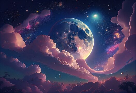 Cloud In The Night Sky With Moon And Stars Pastel Anime Hd Wallpaper. Generative AI