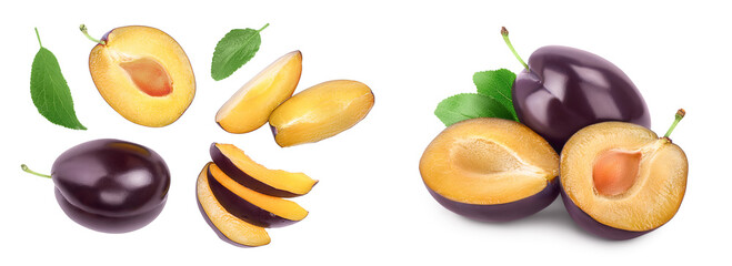 fresh purple plum and half isolated on white background with  full depth of field. Top view. Flat lay