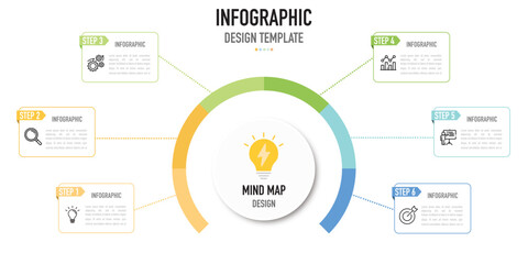 Circular infographic business template or element, mind map, with 6 connected step, process, with colorful label and icons on white background for presentation, simple, modern, minimal style roadmap