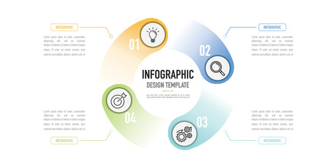 Circular infographic business template or element as a vector including 4 step, process, option, with colorful circle label and icons on white background, for slide or presentation, simple, modern