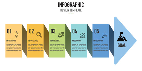 Arrow horizontal infographic template or element as a vector for business slide or presentation, including 5 step, process to goal, on white background, colorful rectangle and icons, modern, minimal
