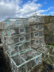 Lobster basket traps at Hastings Fish Market Stade area in East Sussex, England