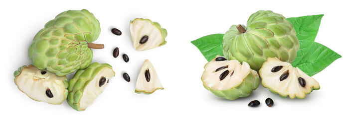 Sugar apple or custard apple isolated on white background . Exotic tropical Thai annona or cherimoya fruit. Top view. Flat lay