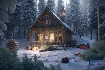 A cozy cabin in the woods surrounded by a blanket Generative AI 3