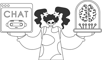 Girl holds AI model, vector linear illustration