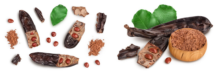 Carob pod and powder isolated on white background with  full depth of field. Top view. Flat lay