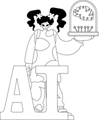 Girl holds AI model, vector drawn look