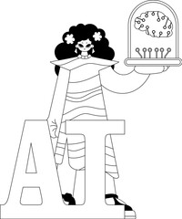 Girl holds AI model in her hands, illustrated via vector linear art