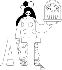 Girl gripping an AI model, vector linear design