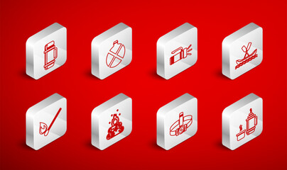 Set line Thermos container, Canteen water bottle, Flashlight, Rafting boat, Head flashlight, Campfire and Burning match with icon. Vector