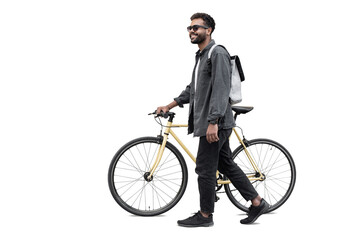 Obraz na płótnie Canvas Young handsome man with bike isolated transparent PNG, Full length portrait of smiling student man with bicycle, Modern healthy lifestyle, travel, casual business concept
