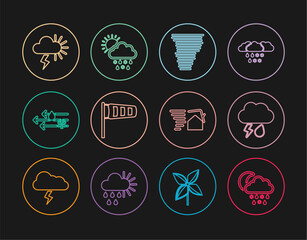 Set line Cloud with snow, rain, moon, and lightning, Tornado, Cone meteorology windsock wind vane, Wind, Storm, swirl and sun icon. Vector