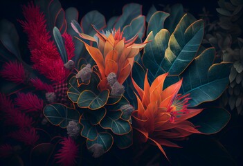 Image of colorful jungle flowers and plants. Generative AI
