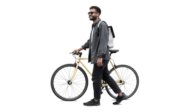 Young handsome man with bike isolated transparent PNG, Full length portrait of smiling student man with bicycle, Modern healthy lifestyle, travel, casual business concept - Powered by Adobe