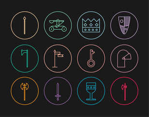 Set line Medieval halberd, iron helmet, King crown, flag, axe, spear, Old key and Catapult shooting stones icon. Vector
