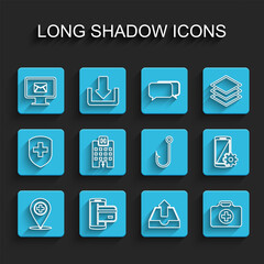 Set line Medical location with cross, NFC Payment, Monitor and envelope, Upload inbox, First aid kit, hospital building, Setting smartphone and Fishing hook icon. Vector