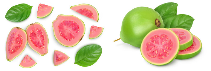 Guava fruit slices isolated on white background with  full depth of field. Top view. Flat lay