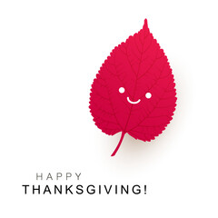 Modern Style Happy Thanksgiving Card Layout with Smiling Face on a Red Tree Leaf, Design Template with a Single Fallen Autumn Leaf - Vector Illustration on White Background