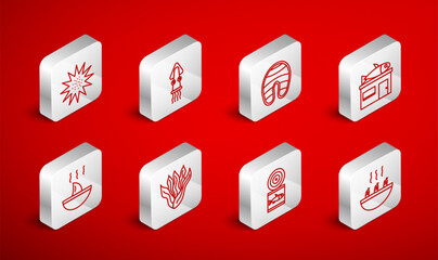 Set line Soup with shrimps, Octopus, Fish steak, Seafood store, Canned fish, urchin, Seaweed and Shark fin soup icon. Vector