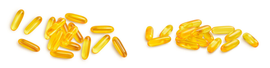 Fish oil capsules isolated on white background with  full depth of field. Top view. Flat lay