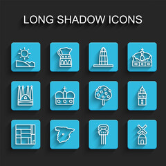 Set line House Edificio Mirador, Map of Spain, Beach, Peineta, Windmill, Crown spain, Giralda and Orange tree icon. Vector