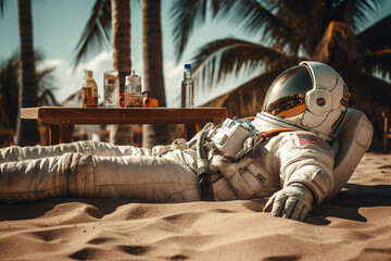 Fototapeta na wymiar An astronaut in a spacesuit on a summer vacation is lying on the warm sand on the beach. generated ai