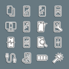 Set line Hammer, Mobile charging battery, service, with broken screen, Phone repair, Smartphone and Glass protector icon. Vector