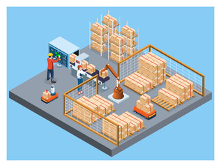 3D isometric automated warehouse robots and Smart warehouse technology Concept with Warehouse Automation System, Autonomous robot, Transportation operation service. Vector illustration EPS 10