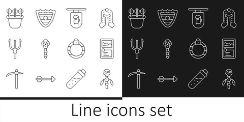 Set line Magic staff, Card game collection, Street signboard with Bar, wand, Neptune Trident, Quiver arrows, stone ring and Shield icon. Vector