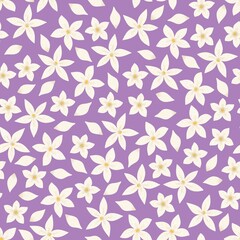 Fototapeta na wymiar Spring floral seamless pattern. White tiny hand drawn flowers on purple background. Fashion allover illustration