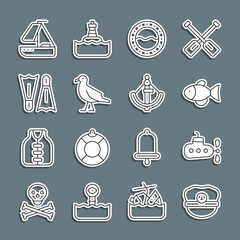 Set line Captain hat, Submarine, Fish, Ship porthole, Bird seagull, Flippers for swimming, Yacht sailboat and Anchor icon. Vector