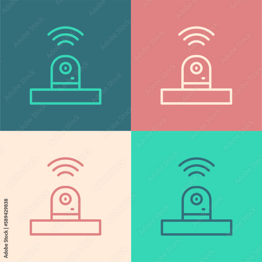 Poster pop art line smart security camera icon isolated on color background. internet of things concept wit