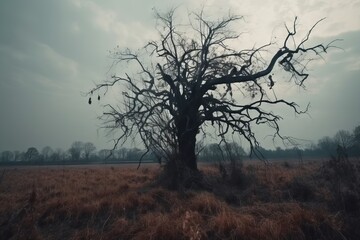dead tree in the middle of an arid field. for horror scenes. Generative Ai