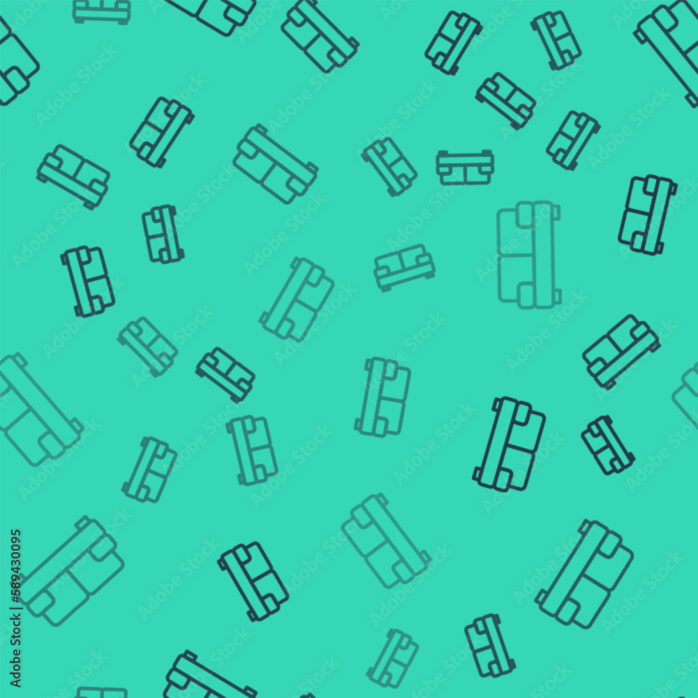 Poster black line sofa icon isolated seamless pattern on green background. vector