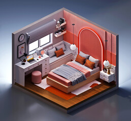 isometric bedroom with furniture. 3D illustration

