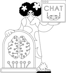 Girl holds AI model, vector art depicts her