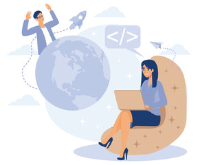 Programming team concept, Computer games, virtual world and IoT development, VR graphic design, testing and deployment, flat vector modern illustration
