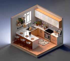 Isometric kitchen composition indoor view of dining place with stove kitchenware and cabinetry. 3D illustration