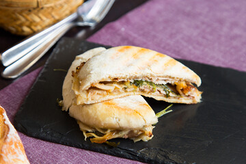 Delicious sandwich with bacon in mollete bread