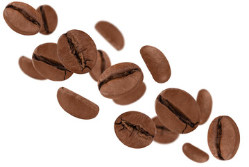 Levitation of coffee beans isolated on a transparent background.