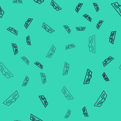 Black line Muslim man prays on the carpet icon isolated seamless pattern on green background. Vector