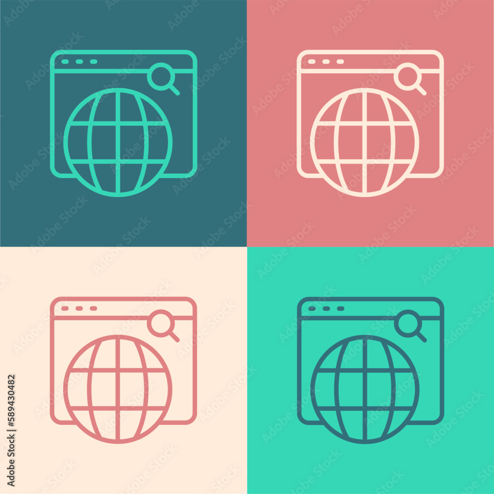 Poster pop art line search engine icon isolated on color background. vector