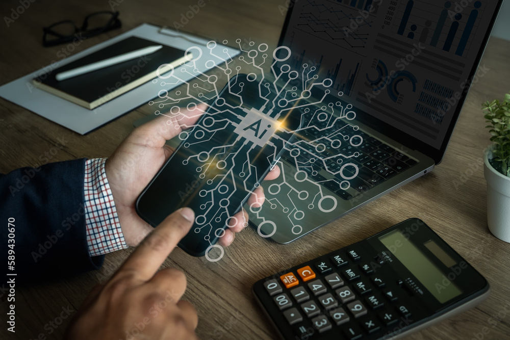Poster artificial intelligence (ai) businessman hand working computer big data network connection internet 