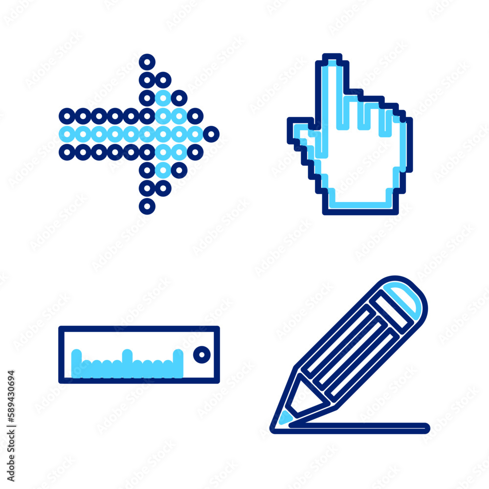 Poster set line pencil and line, ruler, pixel hand cursor and dots arrow icon. vector