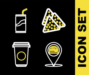 Set line Nachos, Location with burger, Coffee cup and Soda can drinking straw icon. Vector